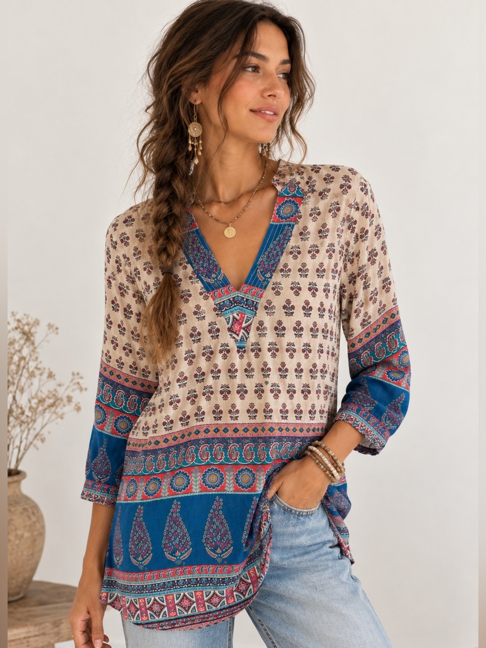 Tolani 100% Silk Bohemian Paisley Floral V-Neck‎ Tunic Top Blue Cream Small